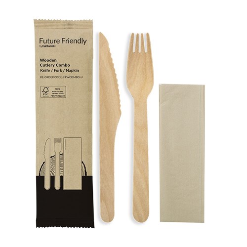 WOODEN CUTLERY PACK KNIFE FORK NAPKIN 250'S